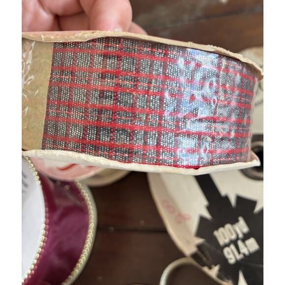 VTG Christmas Holiday Gift Wrapping PLAID Ribbon Rolls RED GOLD Satin Lot 10 - Picture 7 of 15